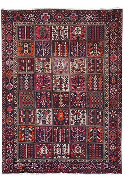 Rug 310x209 cm, front view; rectangular pattern with diamonds and ornaments in burgundy and blue