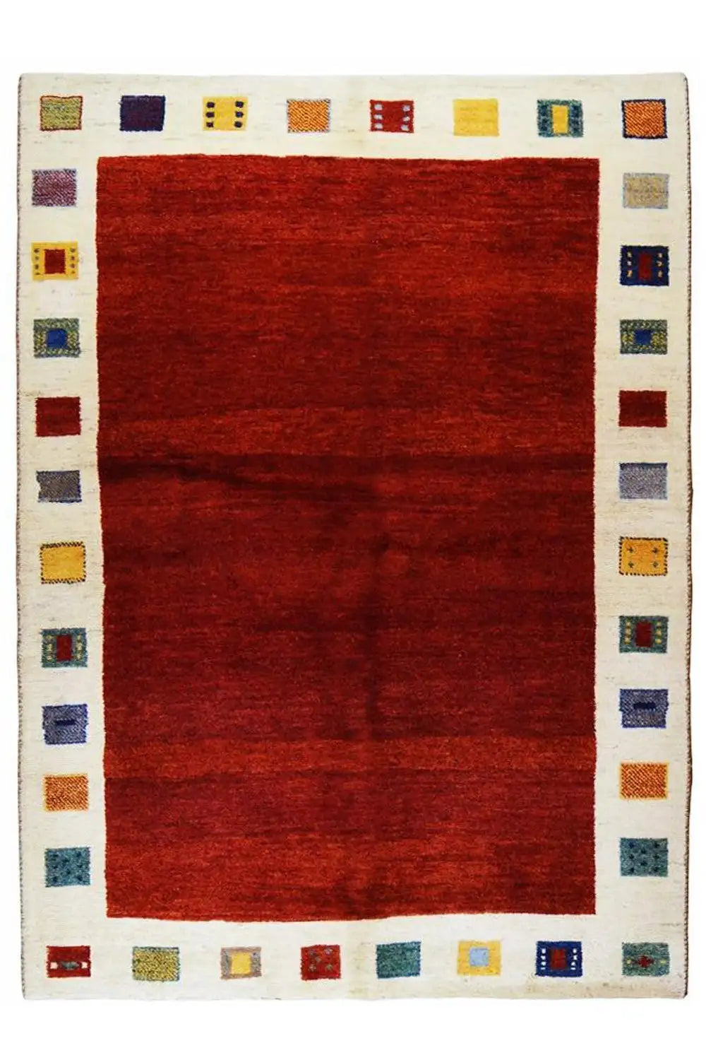 Gabbeh rug with a red rectangular motif and a cream-colored border made of colorful squares