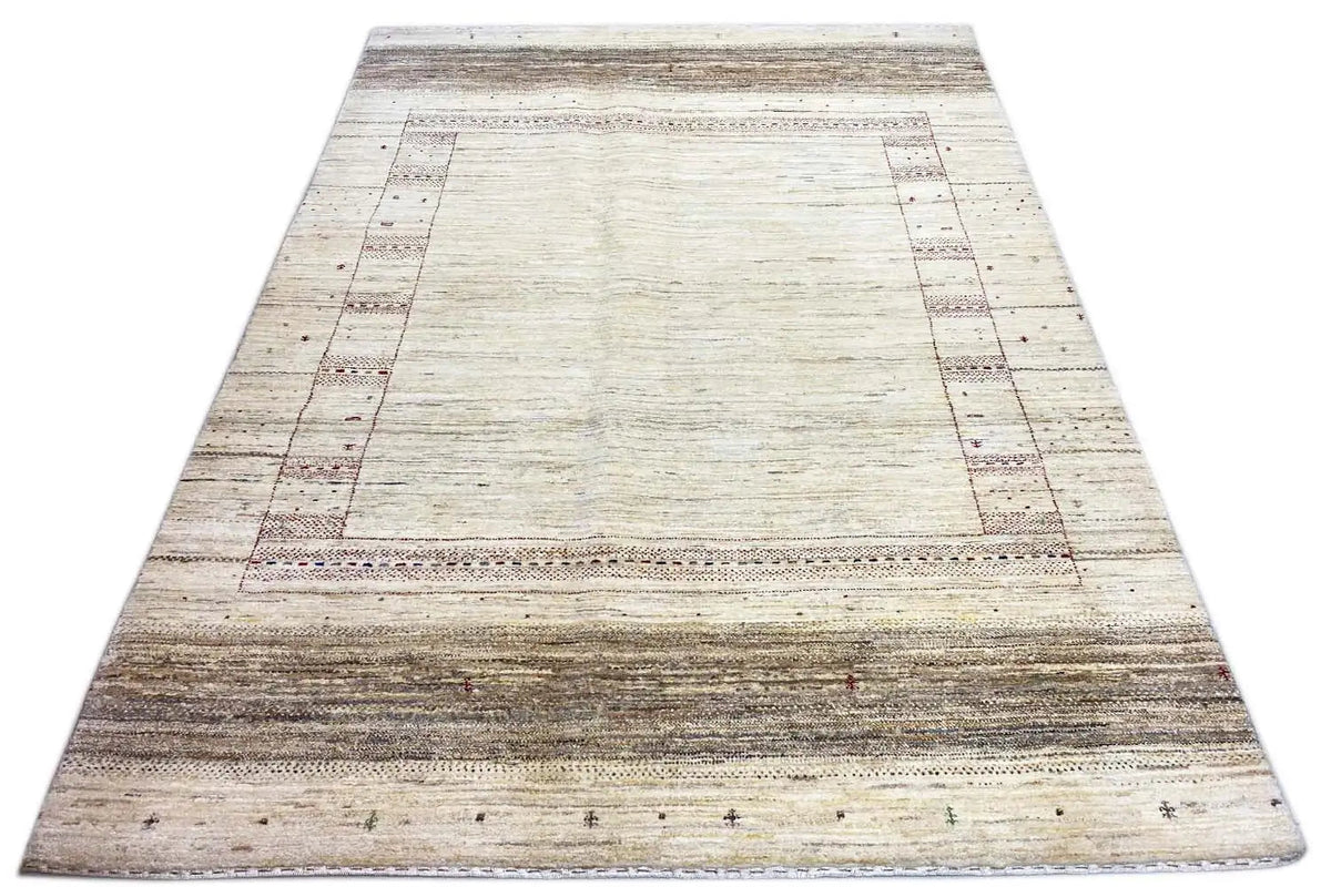 Gabbeh-Lori rug (207x140 cm), cream with a linear border design, flat-woven