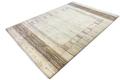 Gabbeh-Lori rug (207x140 cm), diagonal view, cream-colored look with decorative border