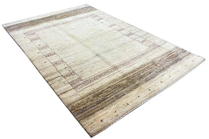 Gabbeh Lori rug (207x140 cm), cream-colored, with a surrounding border and banded zones