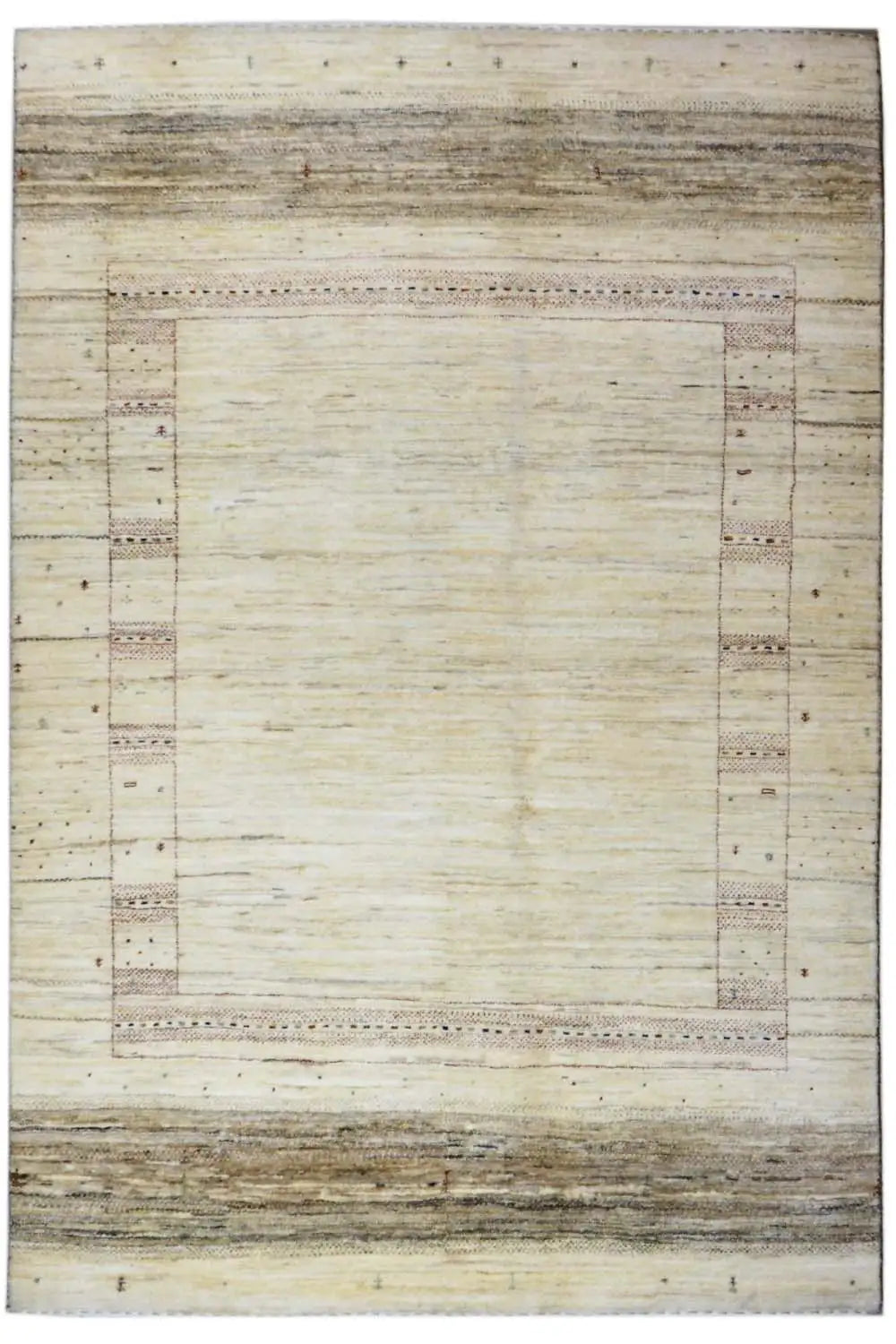 Gabbeh-Lori rug (207x140 cm) in cream with a narrow checkered pattern and border