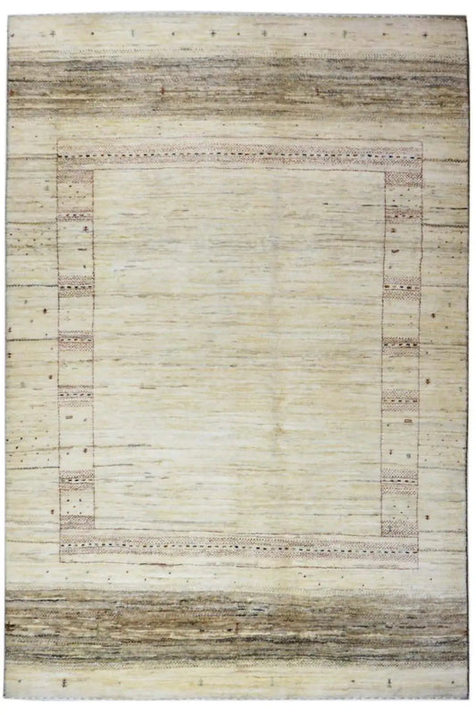 Gabbeh-Lori rug (207x140 cm) in cream with a narrow checkered pattern and border