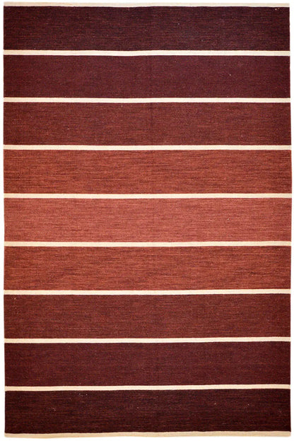 Modern wine-red kilim with wide white stripes, rectangular, flat-weave