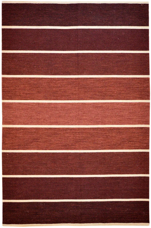 Modern wine-red kilim with wide white stripes, rectangular, flat-weave