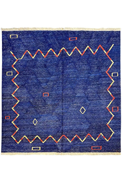 Qashqai kilim rug, blue with a geometric pattern and colorful decorative lines, fringes
