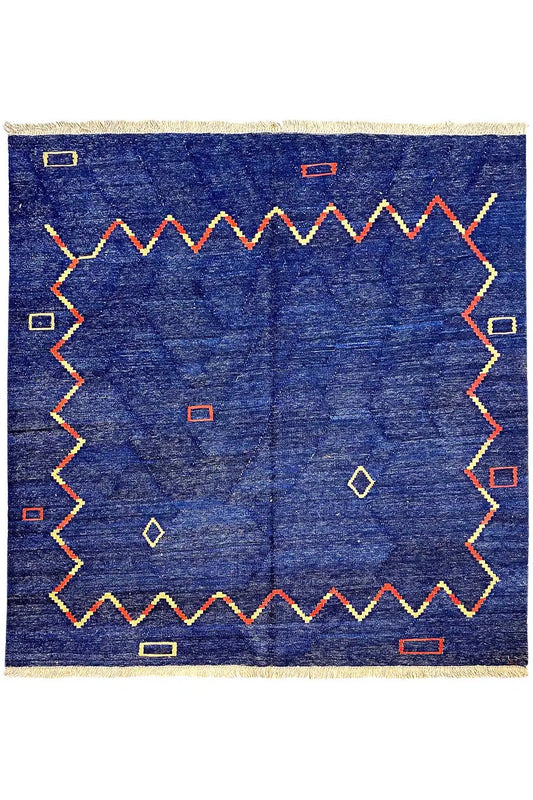 Qashqai kilim rug, blue with a geometric pattern and colorful decorative lines, fringes