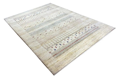 Gabbeh rug, diagonal: beige background with colored decorative stripes and patterned motifs