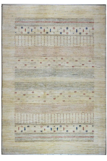 Gabbeh rug with beige flat weave, horizontal stripes, and geometric patterns
