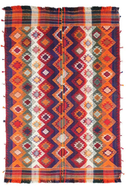 Rectangular kilim rug with geometric diamonds in orange, blue, red, grey