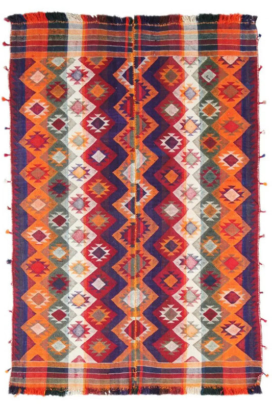 Rectangular kilim rug with geometric diamonds in orange, blue, red, grey