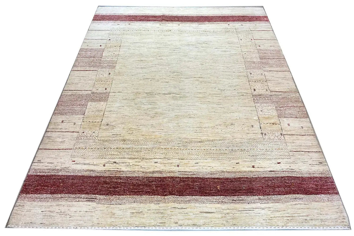 Gabbeh rug with a beige background, dark red central band, and delicate textured pattern