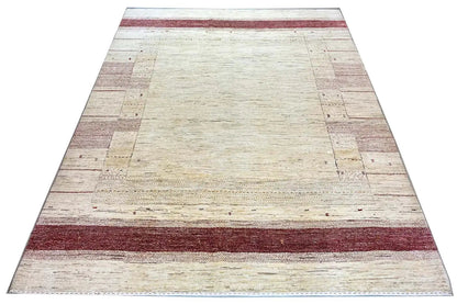 Gabbeh rug with a beige background, dark red central band, and delicate textured pattern