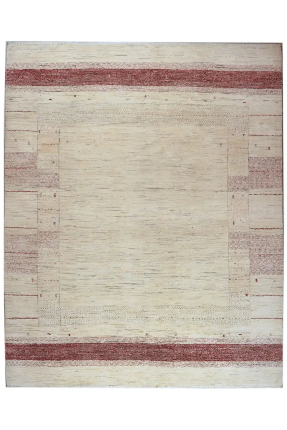 Gabbeh rug with a beige background and dark red border lines, rectangular