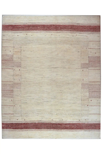 Gabbeh rug with a beige background and dark red border lines, rectangular