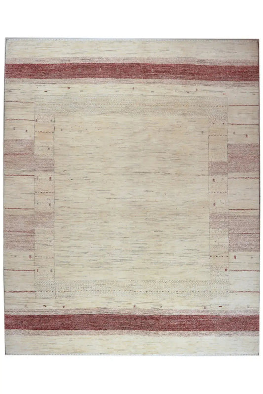 Gabbeh rug with a beige background and dark red border lines, rectangular