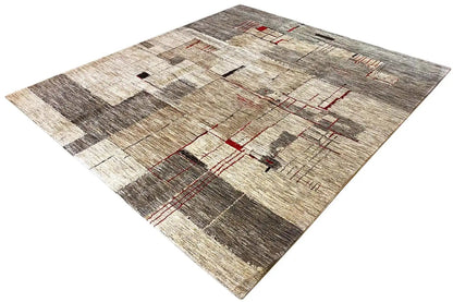 Gabbeh Lori rug with abstract rectangles, beige/gray with red accents, diagonal