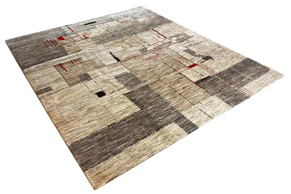Gabbeh Lori rug with a patchwork-style pattern, light beige, gray areas, red lines