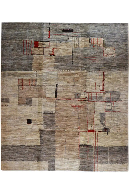 Gabbeh Lori rug with a geometric pattern in beige, gray, and red, rectangular