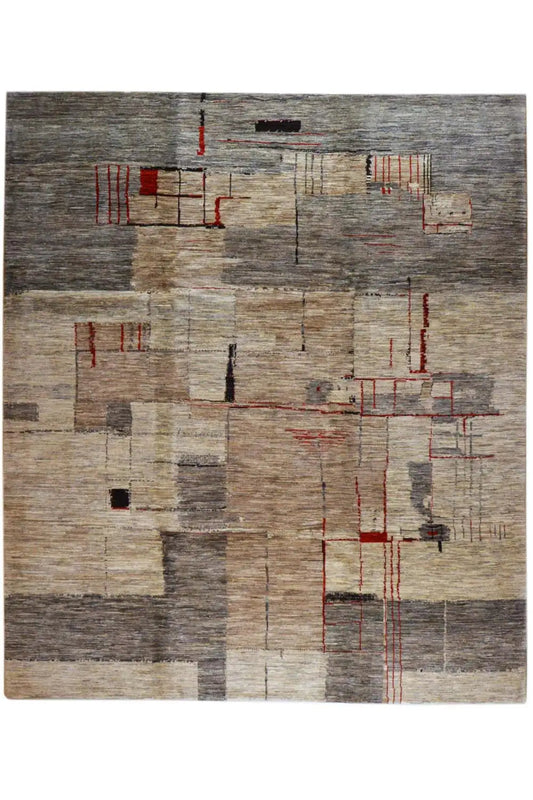 Gabbeh Lori rug with a geometric pattern in beige, gray, and red, rectangular
