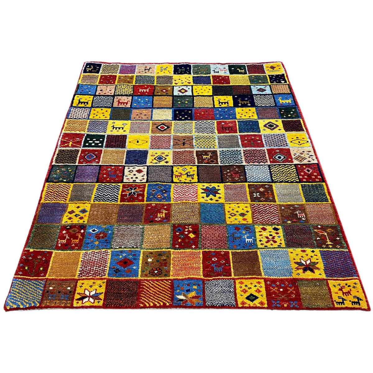 Gabbeh rug (144x125 cm), square, colorful patchwork with many geometric motifs.