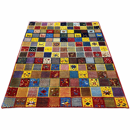 Gabbeh rug (144x125 cm), square, colorful patchwork with many geometric motifs.