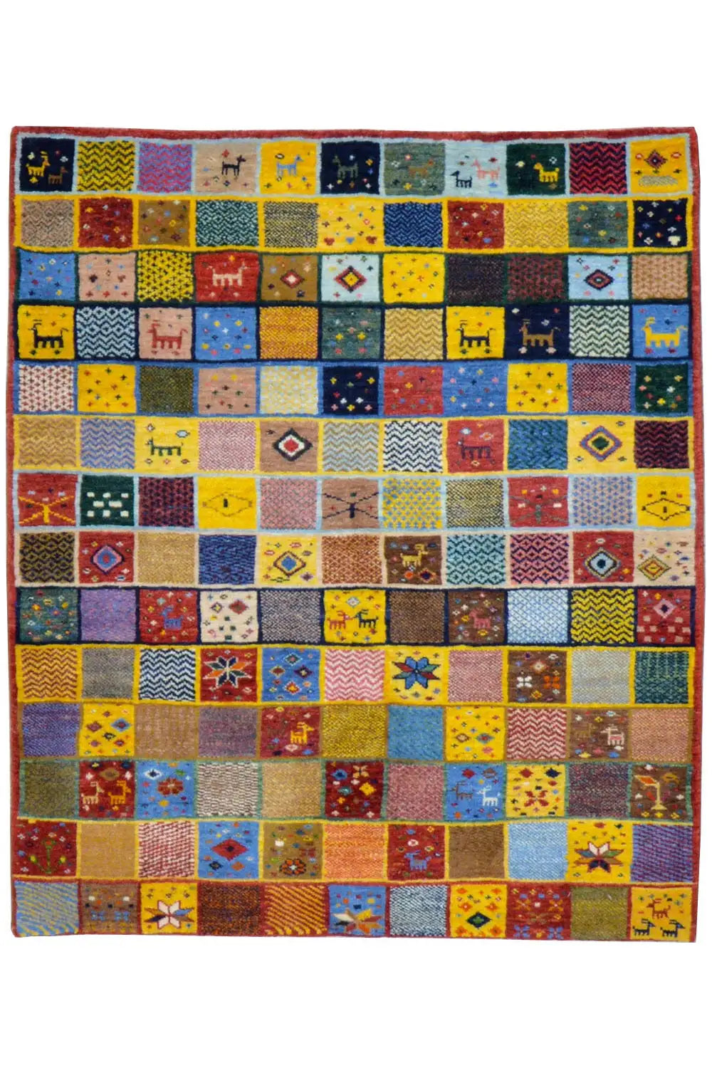 Gabbeh rug (144x125 cm) with a colorful patchwork pattern in yellow, blue, red, and black.