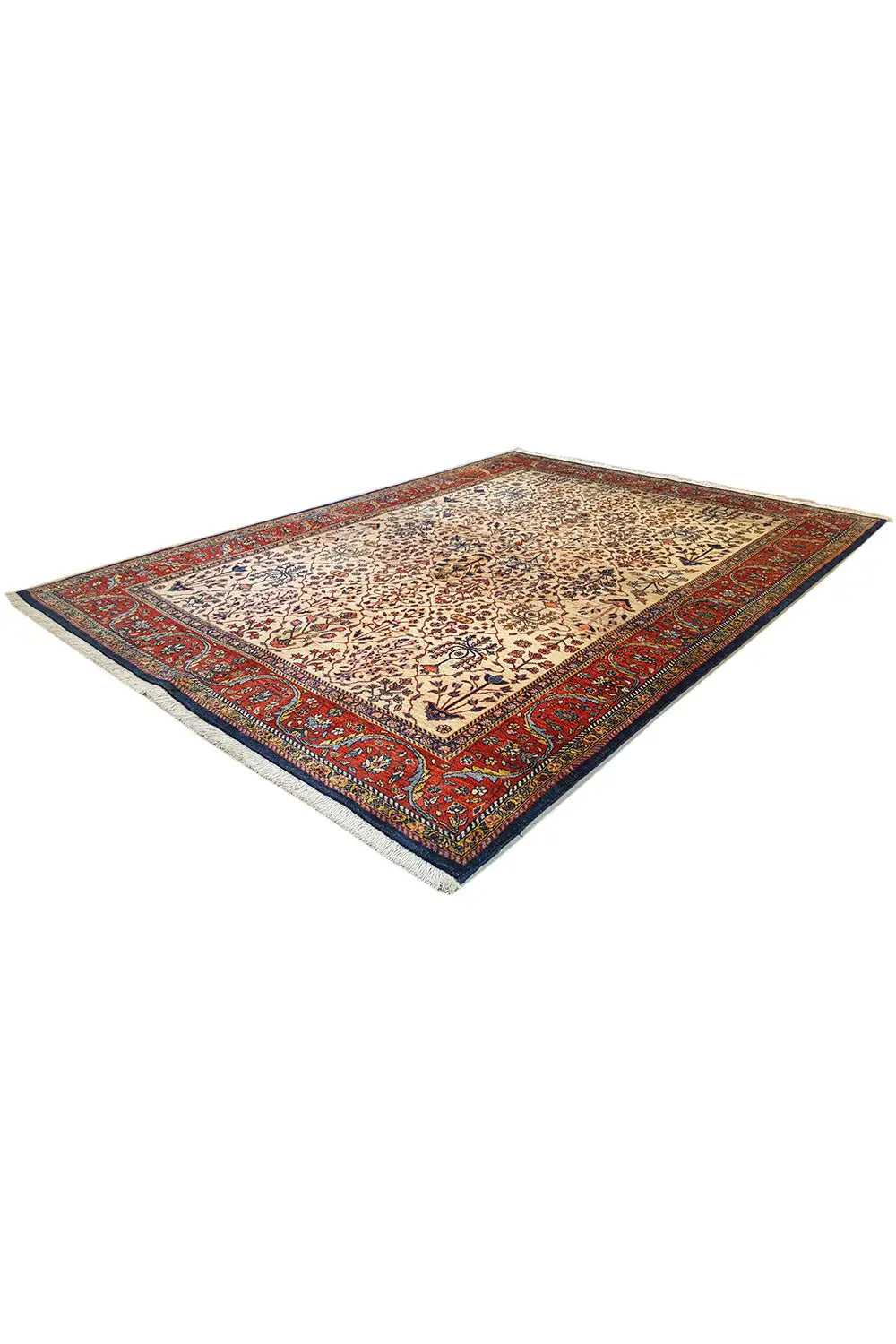 Oriental rug with a beige medallion and red decorative border, rectangular, bound edges