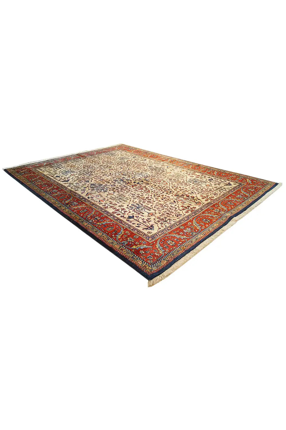 Oriental rug with a light central motif and red-and-blue border trim, rectangular