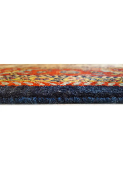 Rug edge with a multicolored ornamental border and dark trim