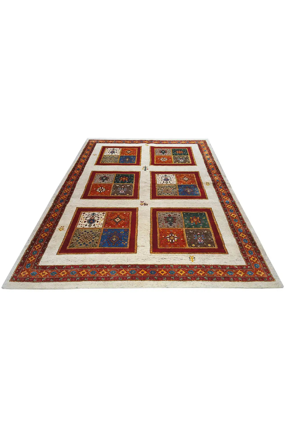Rug with geometric squares, a red border, and a beige background, laid flat