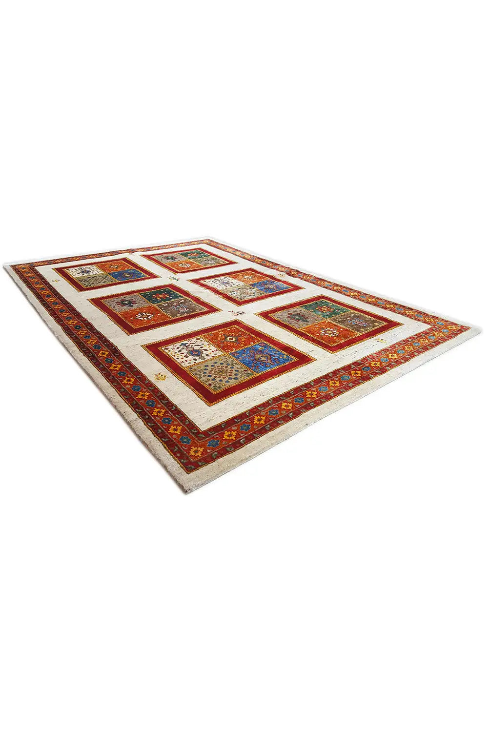 Rug with a colorful square pattern in shades of red and blue, diagonal view