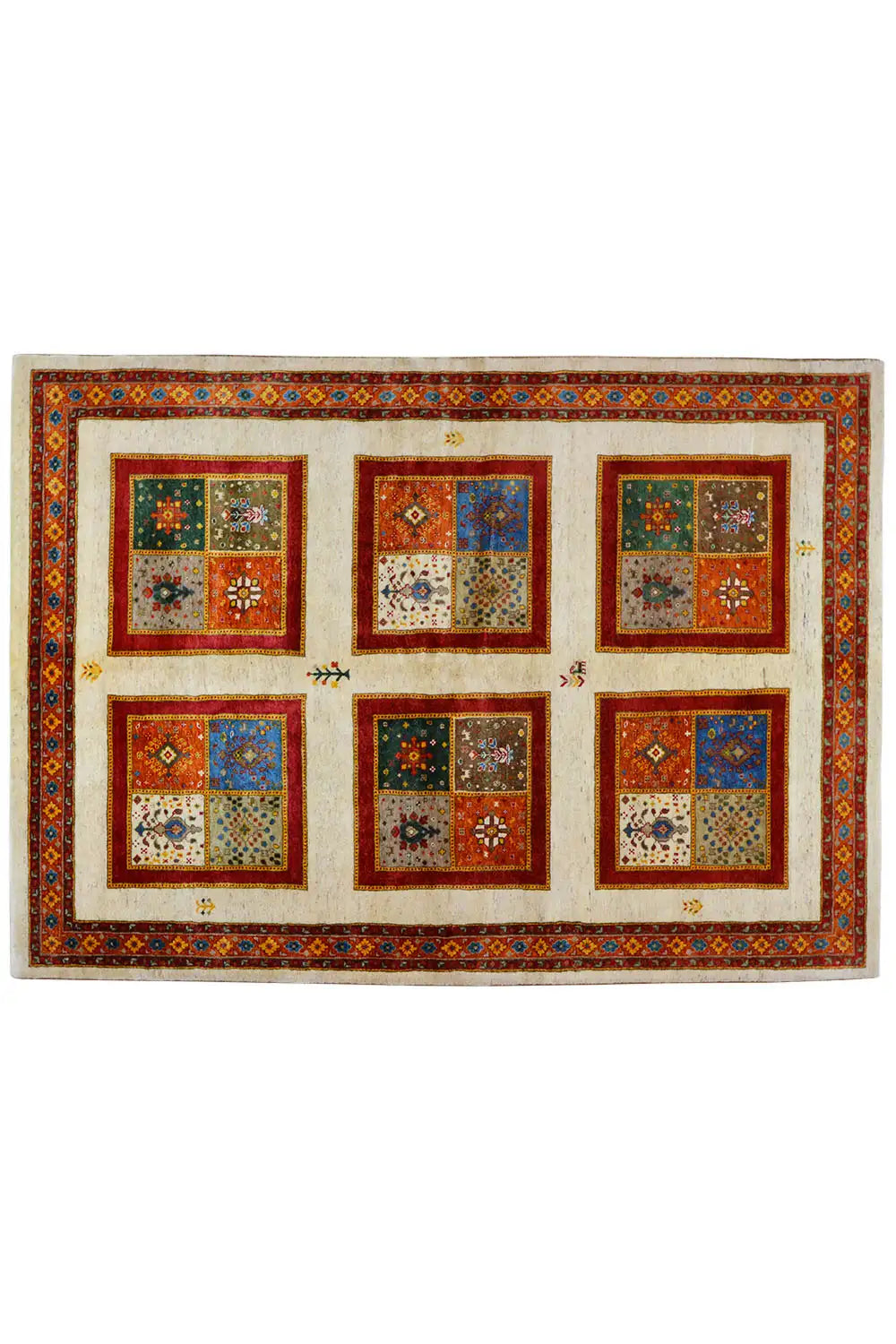 Rectangular rug with nine colorful squares and narrow decorative borders