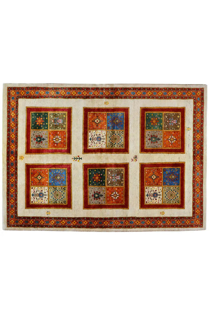 Rectangular rug with nine colorful squares and narrow decorative borders