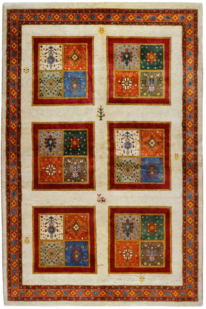 Rug with floral patchwork squares, red border and beige background (239x169 cm)