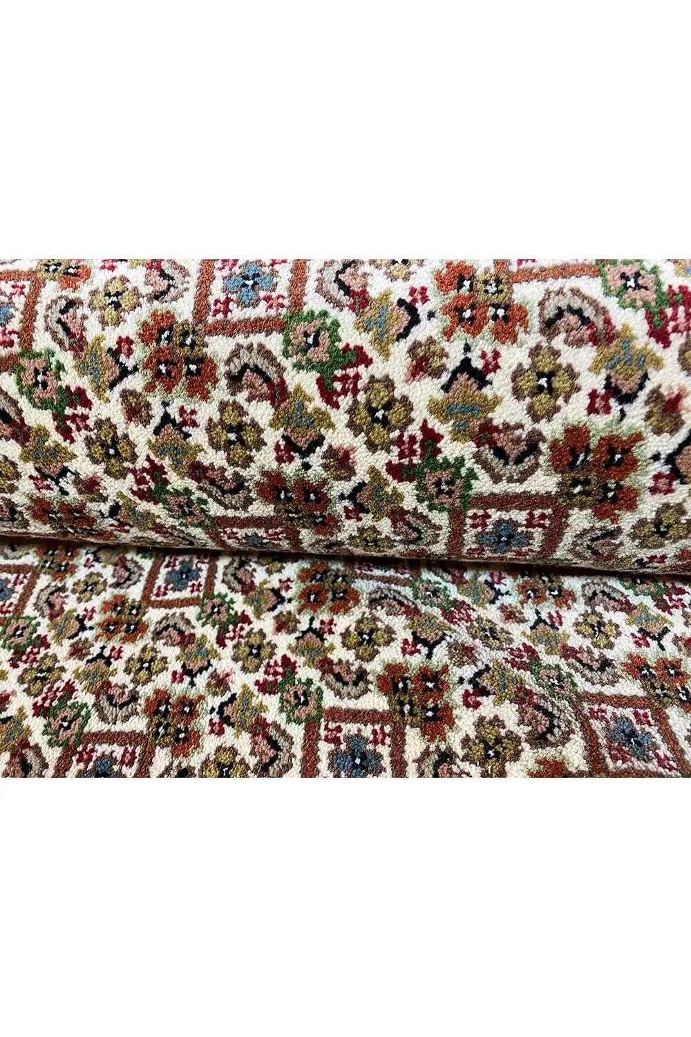Indo Tabriz rug: Multicolored patterned field with floral border, rectangular