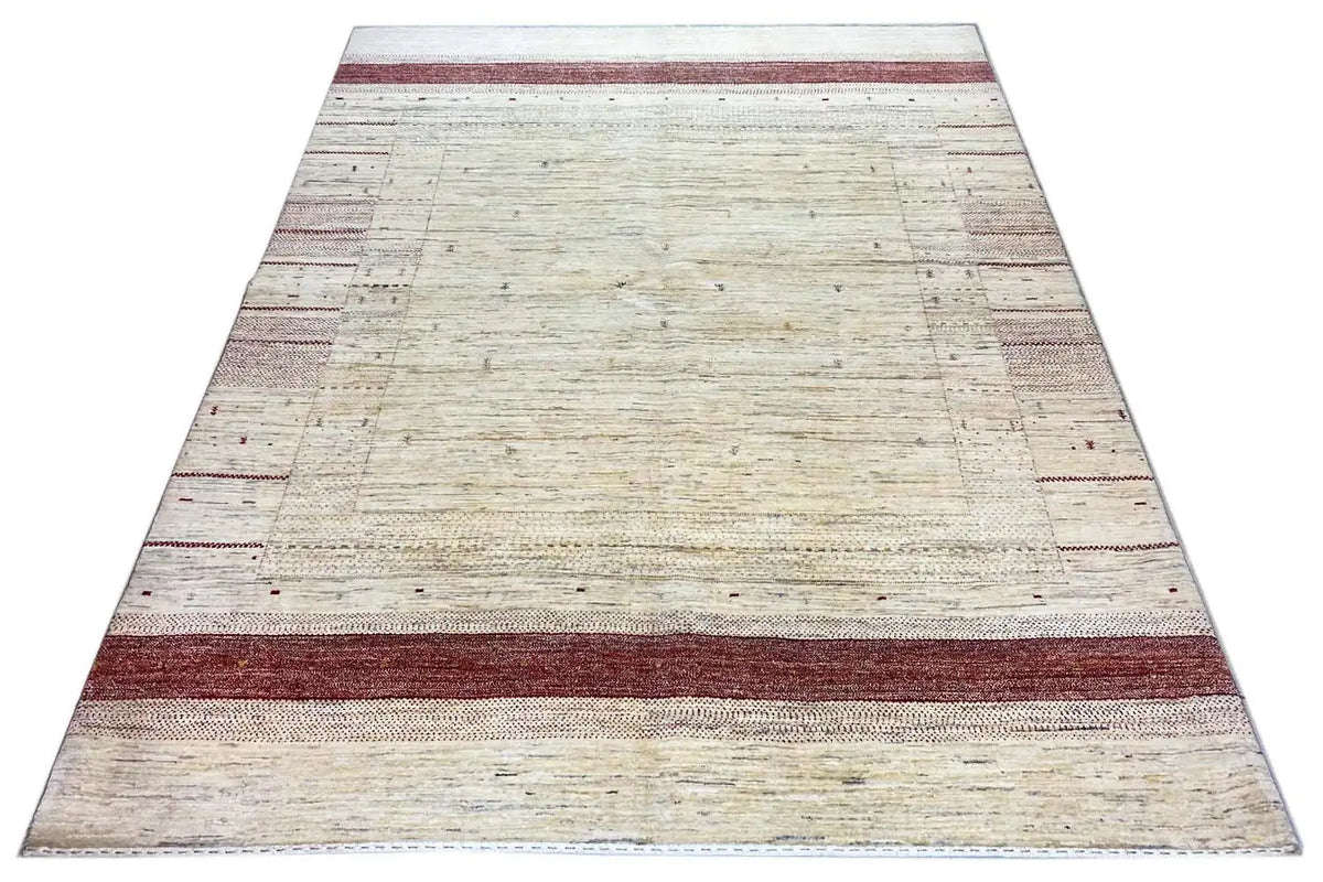 Gabbeh rug, beige background with broad reddish stripes and a small pattern
