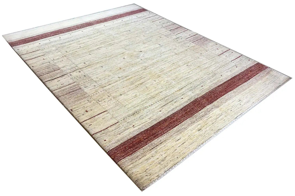 Gabbeh rug, beige background and reddish border along the edges