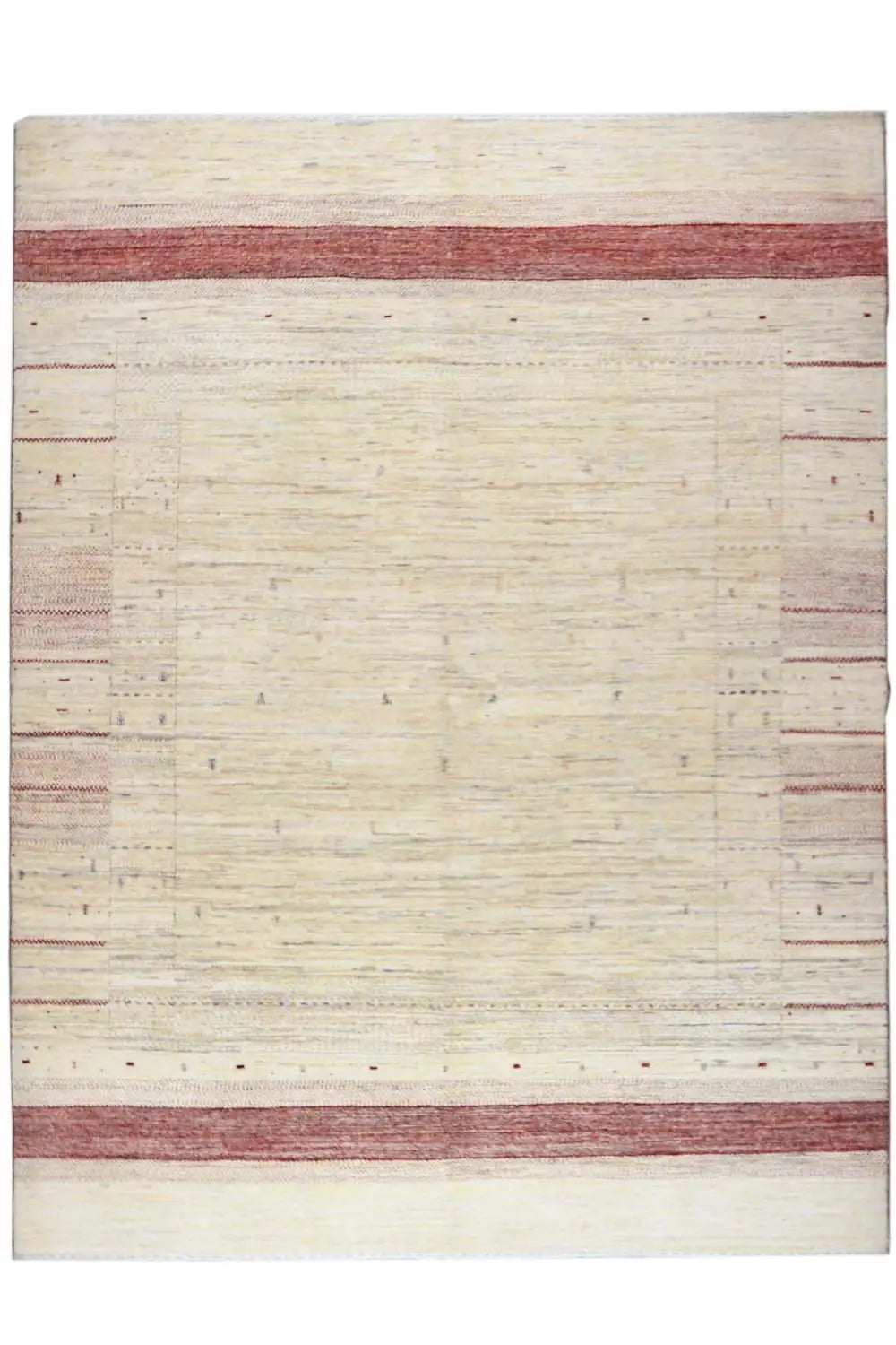 Gabbeh rug in cream with a reddish border stripe and delicate pattern