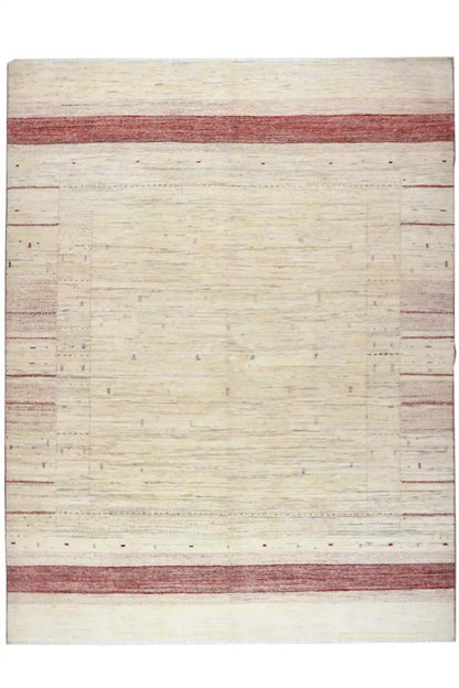 Gabbeh rug in cream with a reddish border stripe and delicate pattern