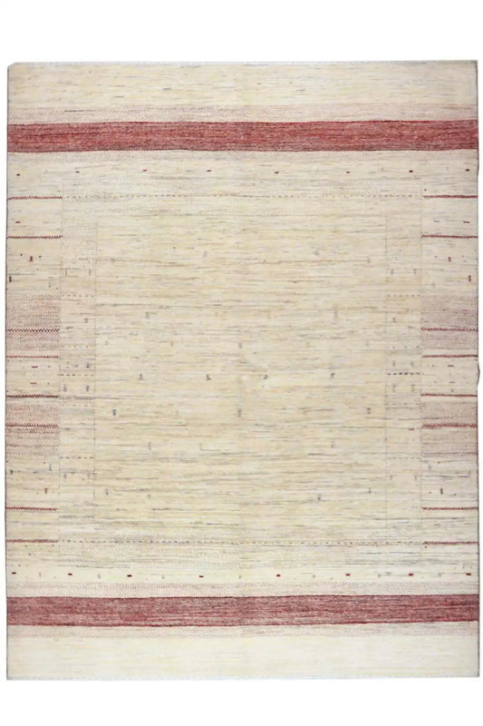 Gabbeh rug in cream with a reddish border stripe and delicate pattern