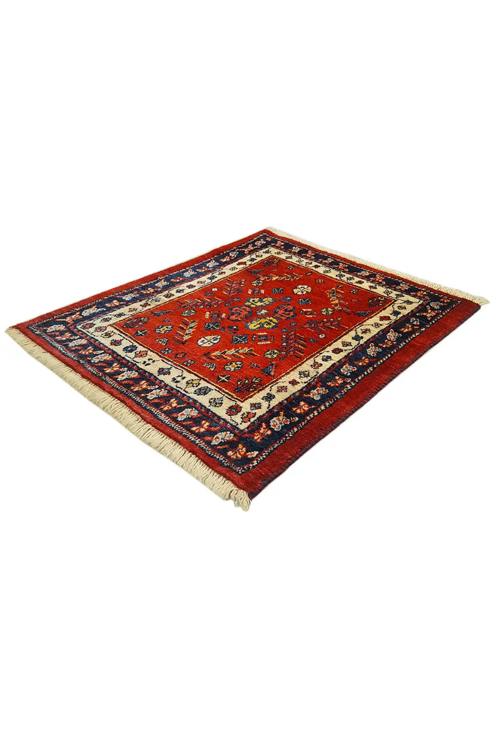 Square Oriental rug, red with a blue pattern and fringe at the corners