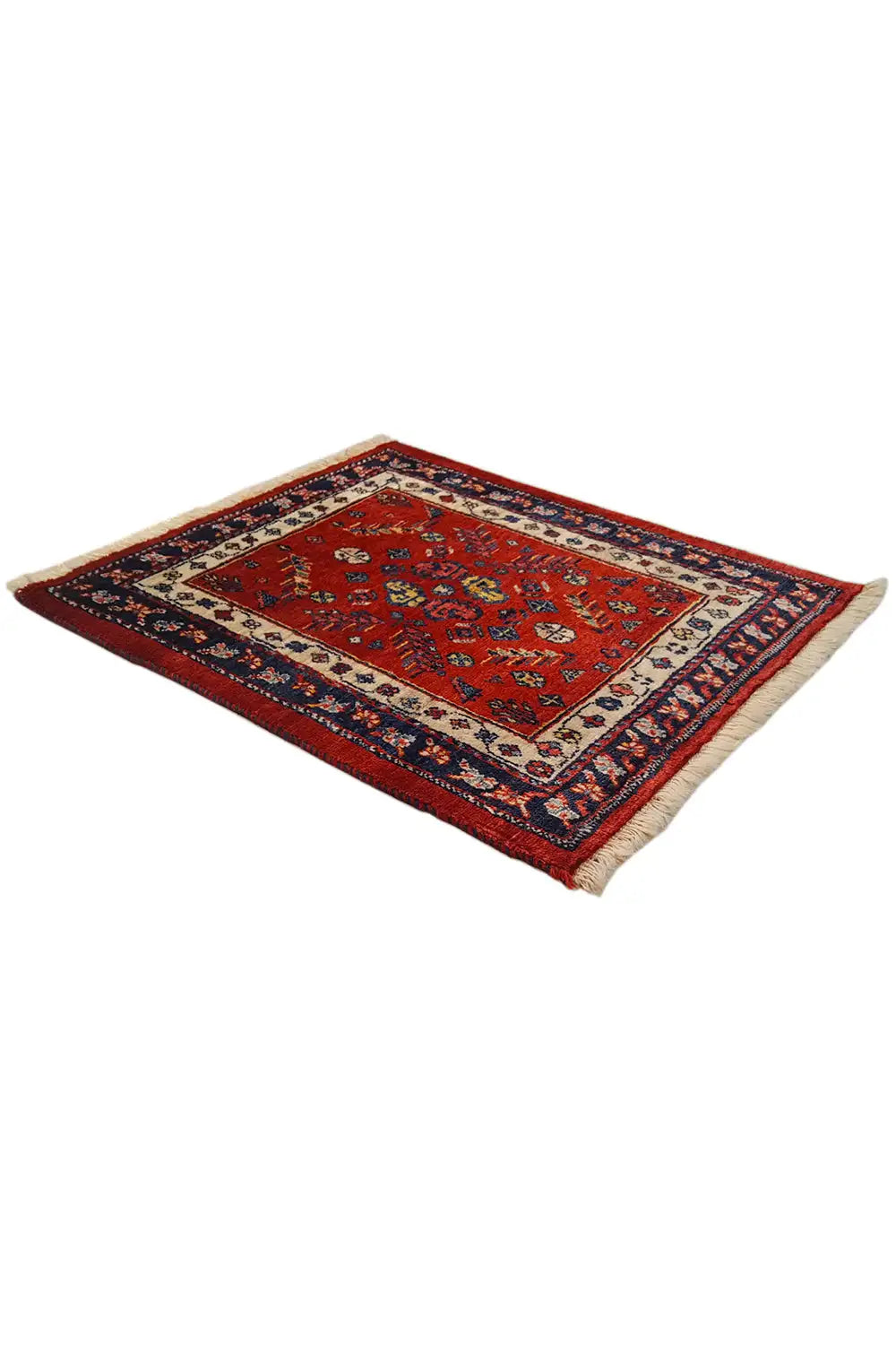 Square oriental rug with a red background and blue border pattern