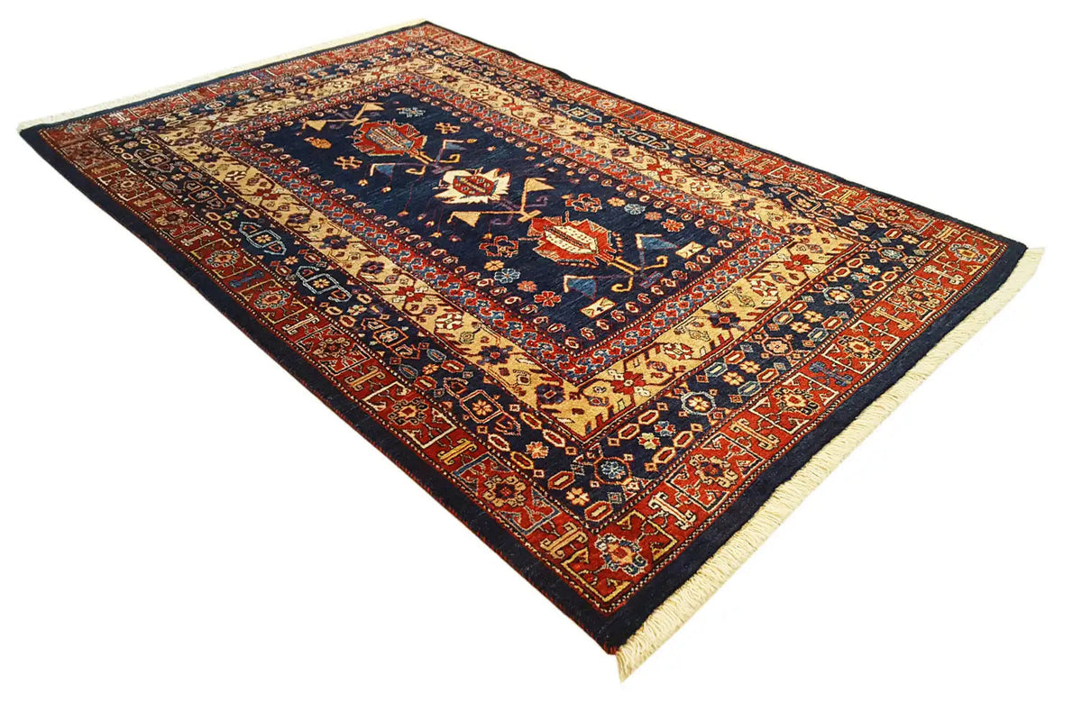 Rug with dark blue, red ornamental border, and central medallion, rectangular