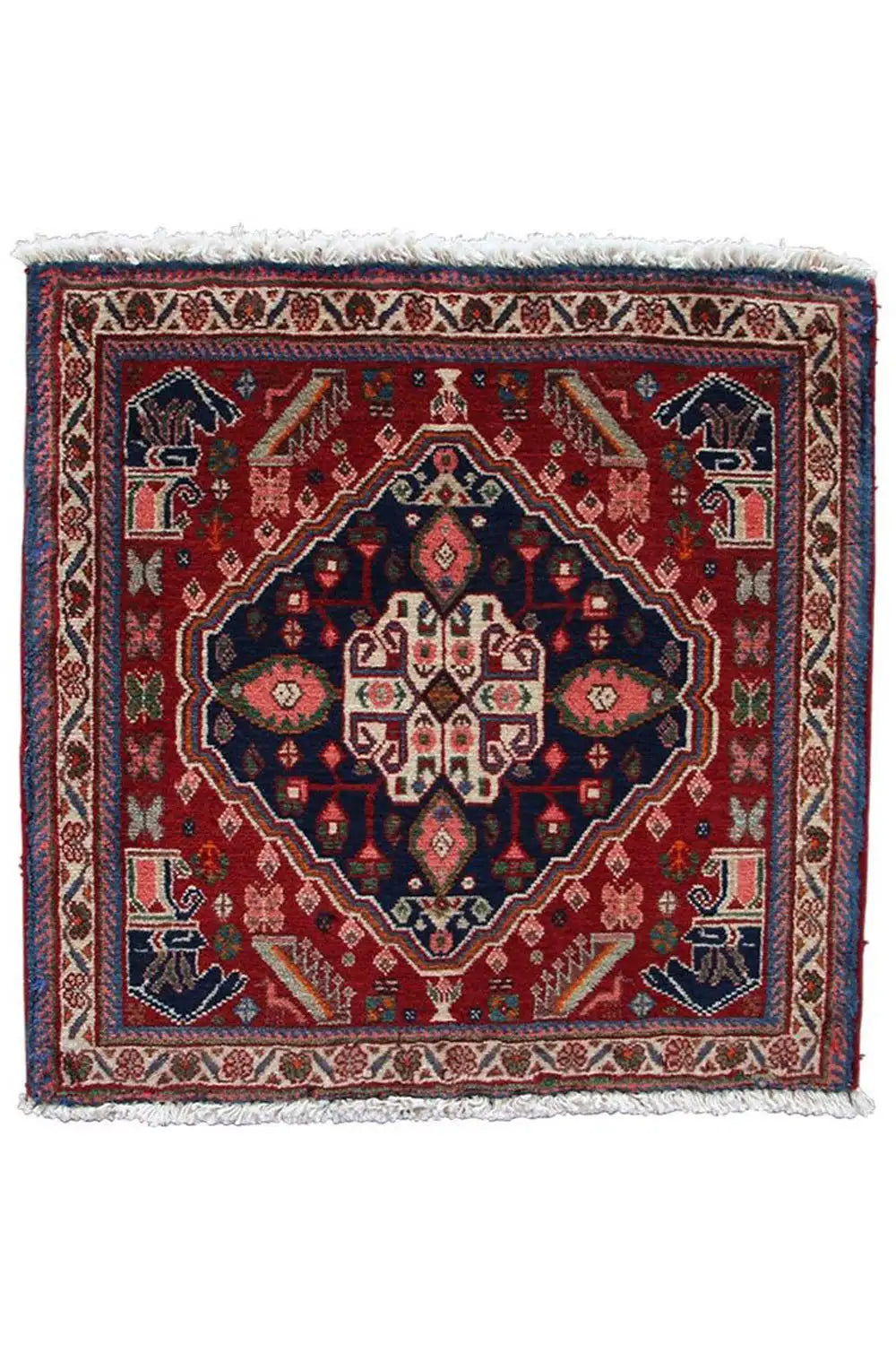 Oriental rug with a red background, dark center, and ornamental border, fringes