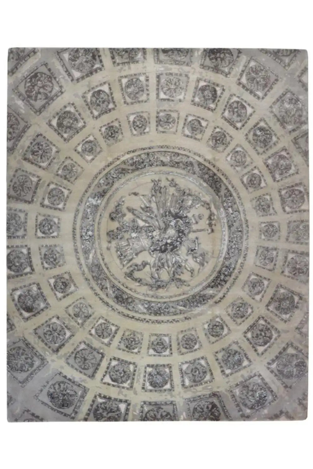 Rug 313x252 cm with round ornamental medallion and geometric pattern, gray-white
