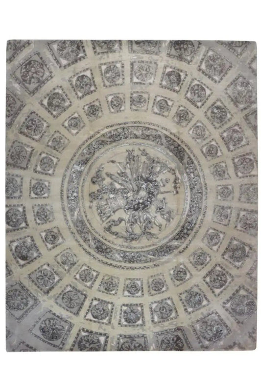 Rug 313x252 cm with round ornamental medallion and geometric pattern, gray-white