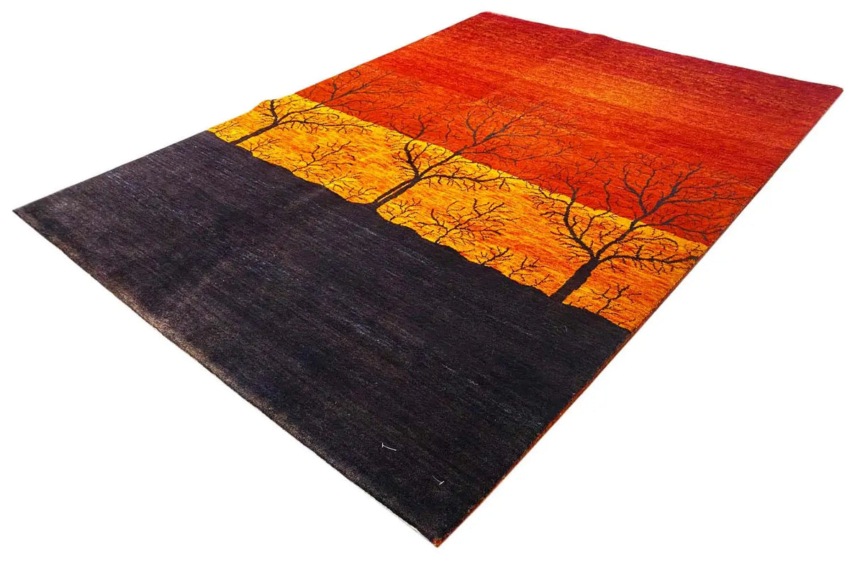 Gabbeh rug 200x141 cm with tree silhouettes at sunset and a dark border