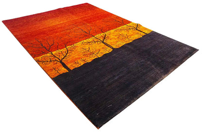 Gabbeh rug 200x141 cm, sunset with tree silhouettes and a wide dark gray border