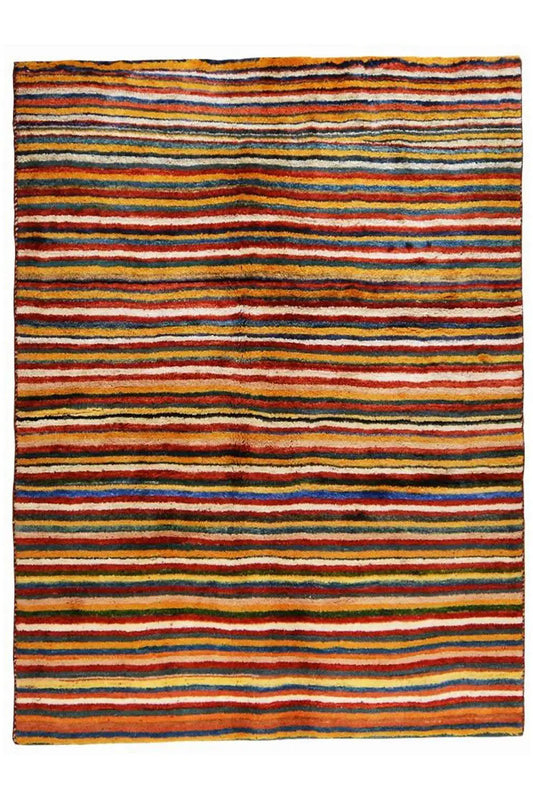 Gabbeh rug (199x149 cm), front view: rectangular, fine horizontal stripes in many colors